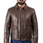Raiders of The Lost Indiana Mens Jacket Vintage Brown Distressed Leather Harrison Jacket — collar detail | Majestic Leather U