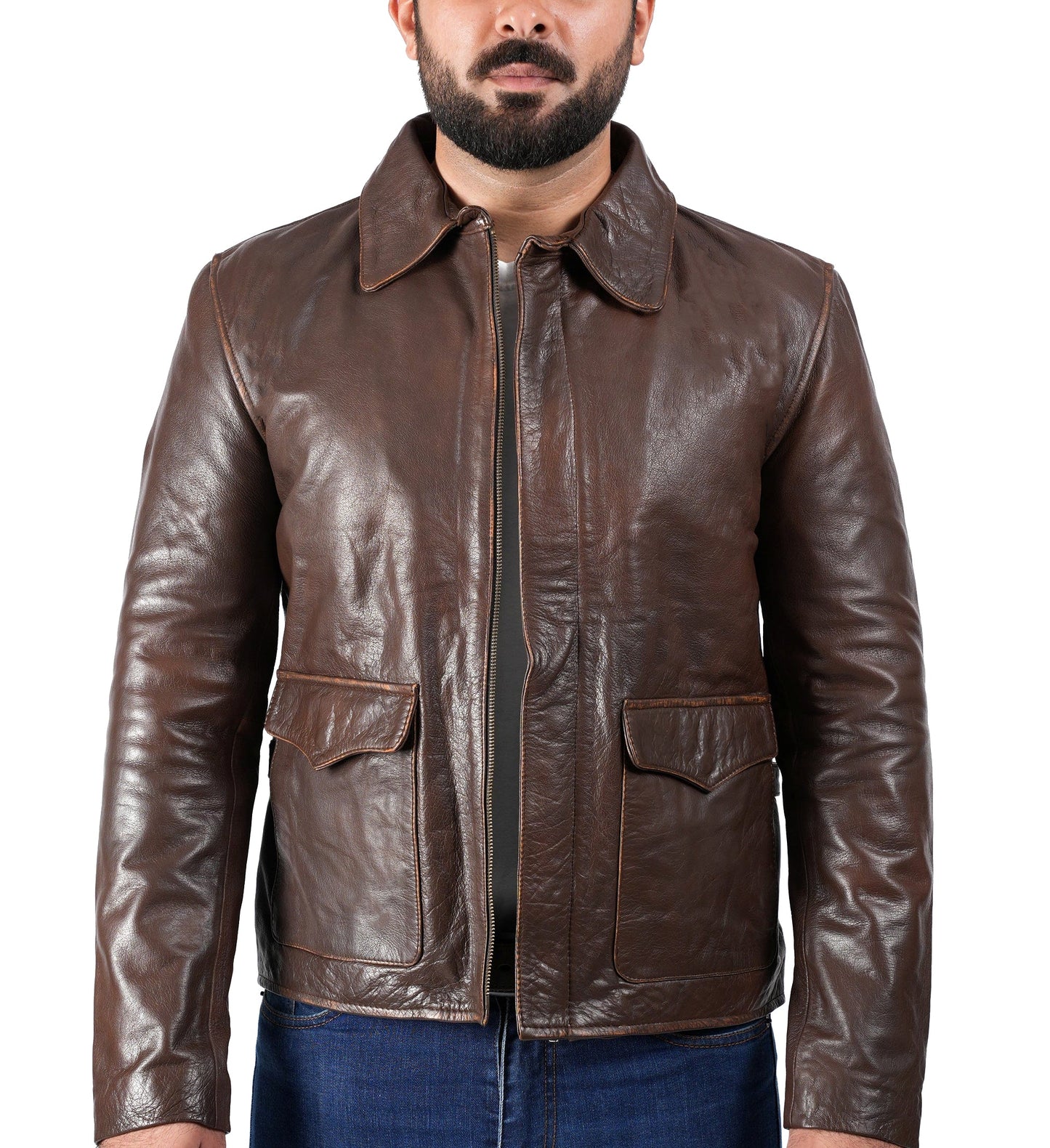 Raiders of The Lost Indiana Mens Jacket Vintage Brown Distressed Leather Harrison Jacket — collar detail | Majestic Leather U