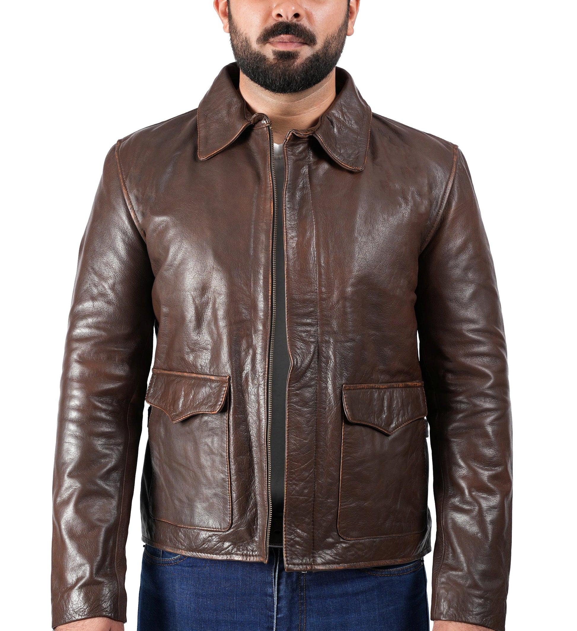 Raiders of The Lost Indiana Mens Jacket Vintage Brown Distressed Leather Harrison Jacket — collar detail | Majestic Leather U