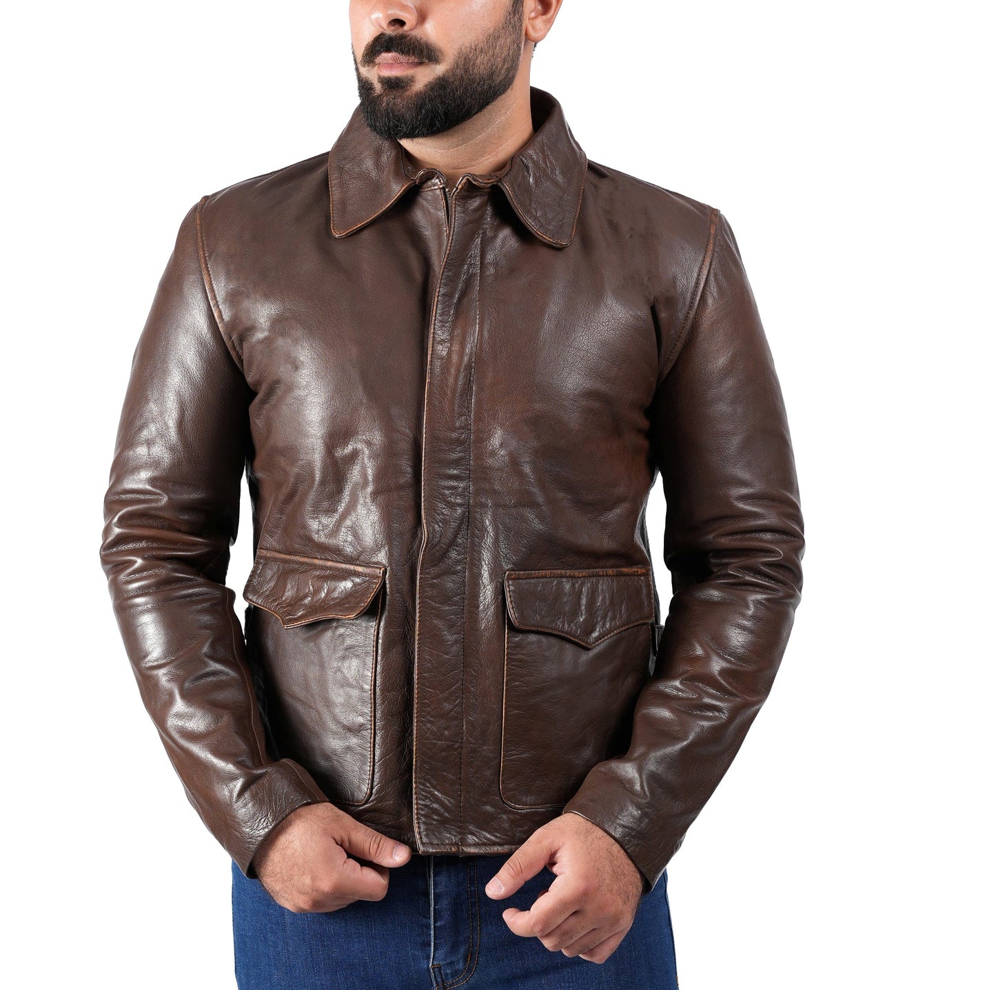 Raiders of The Lost Indiana Mens Jacket Vintage Brown Distressed Leather Harrison Jacket — sleeve detail | Majestic Leather U