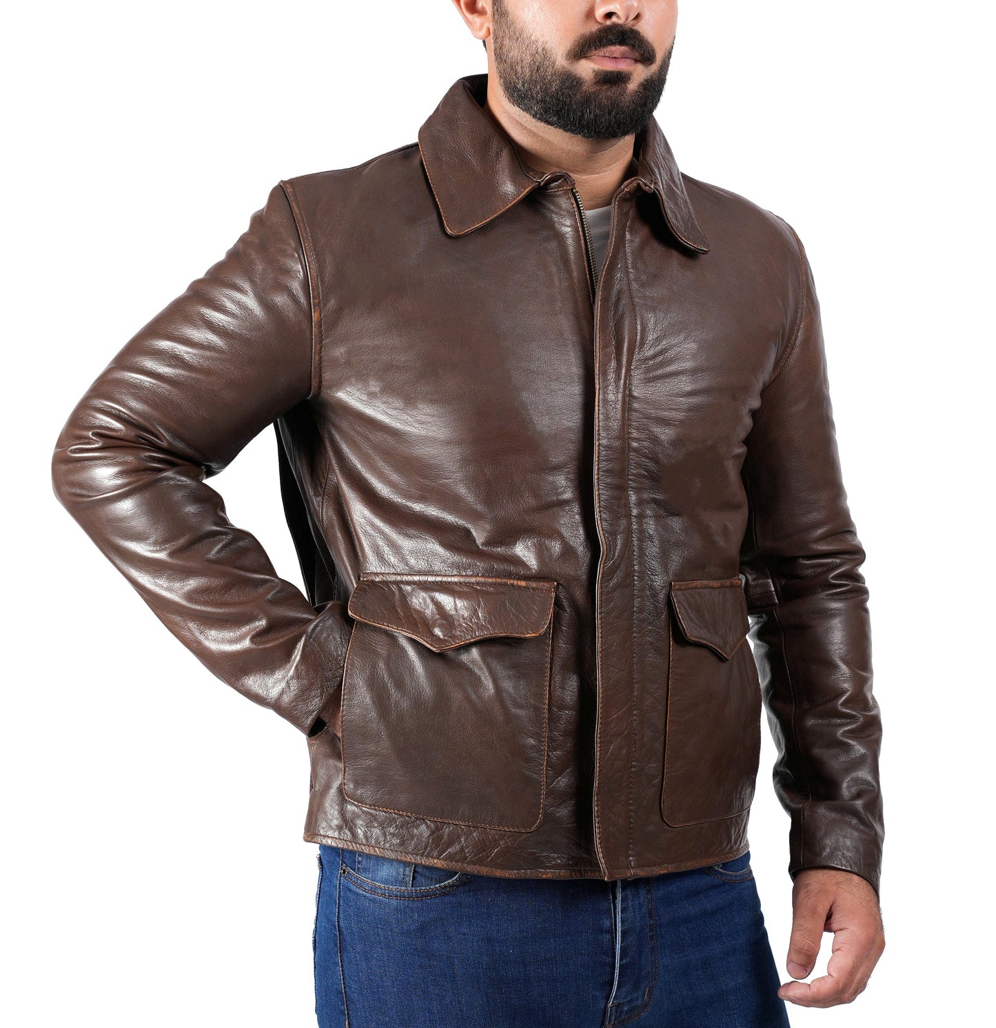 Raiders of The Lost Indiana Mens Jacket Vintage Brown Distressed Leather Harrison Jacket — front view | Majestic Leather UK