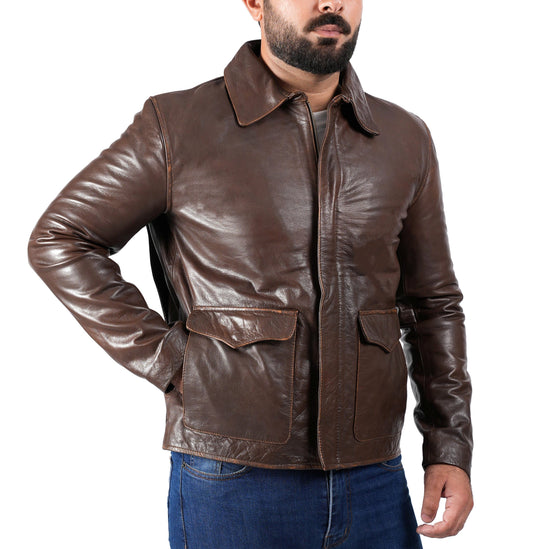 Raiders of The Lost Indiana Mens Jacket Vintage Brown Distressed Leather Harrison Jacket — front view | Majestic Leather UK