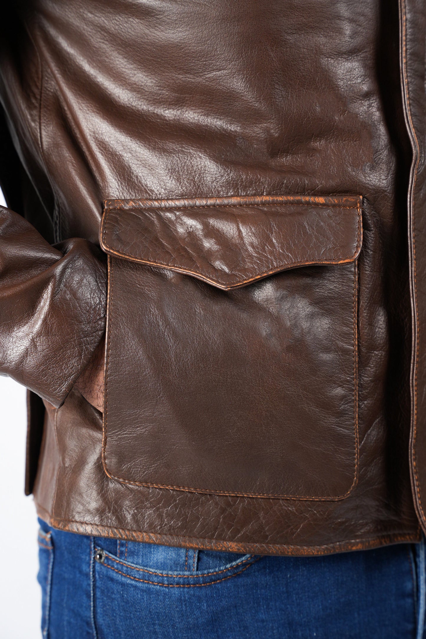 Raiders of The Lost Indiana Mens Jacket Vintage Brown Distressed Leather Harrison Jacket — product detail | Majestic Leather 