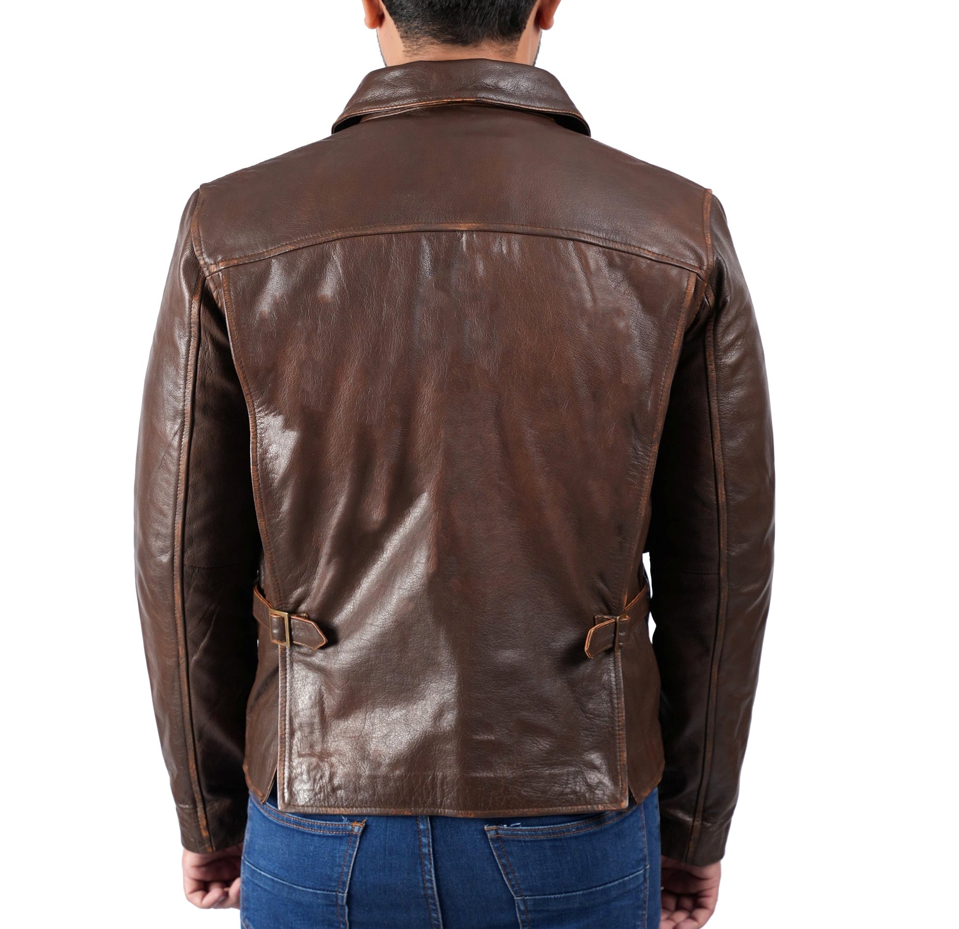 Raiders of The Lost Indiana Mens Jacket Vintage Brown Distressed Leather Harrison Jacket — side profile | Majestic Leather UK