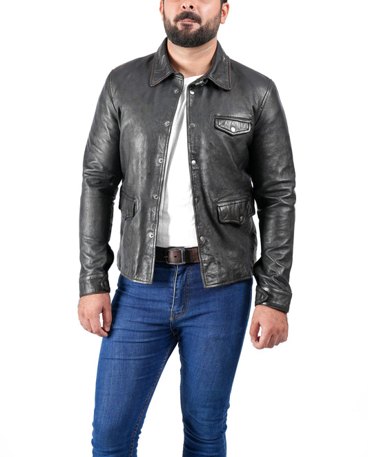 Biker Vintage Cafe Racer Distressed Black Leather Jacket | Majestic Leather — front view | Majestic Leather UK
