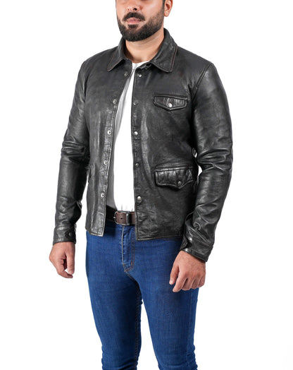 Biker Vintage Cafe Racer Distressed Black Leather Jacket | Majestic Leather — back view | Majestic Leather UK