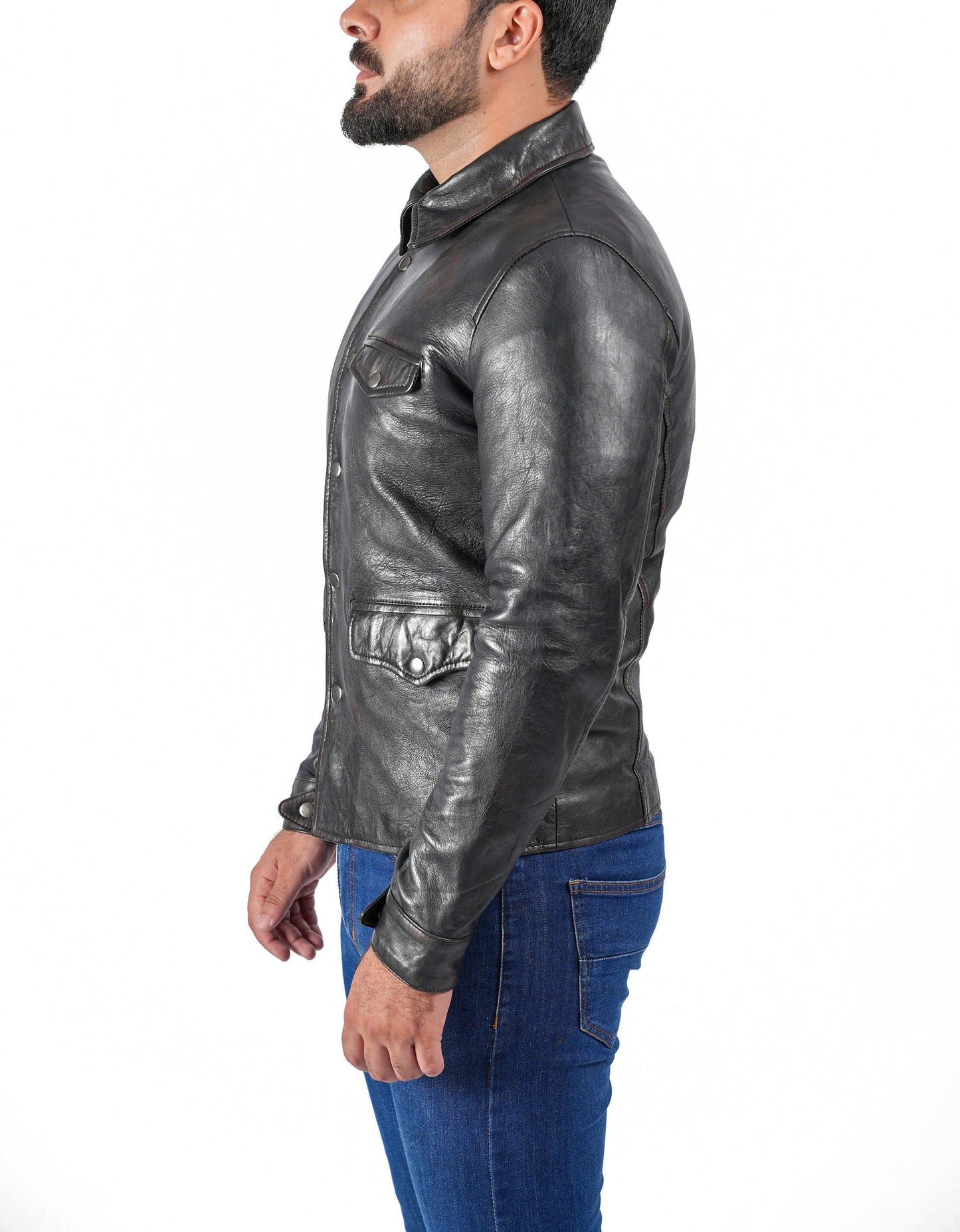 Biker Vintage Cafe Racer Distressed Black Leather Jacket | Majestic Leather — collar detail | Majestic Leather UK