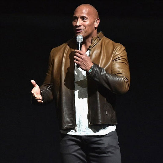 Dwayne Johnson Men's Brown Cowhide Biker Leather — front view | Majestic Leather UK