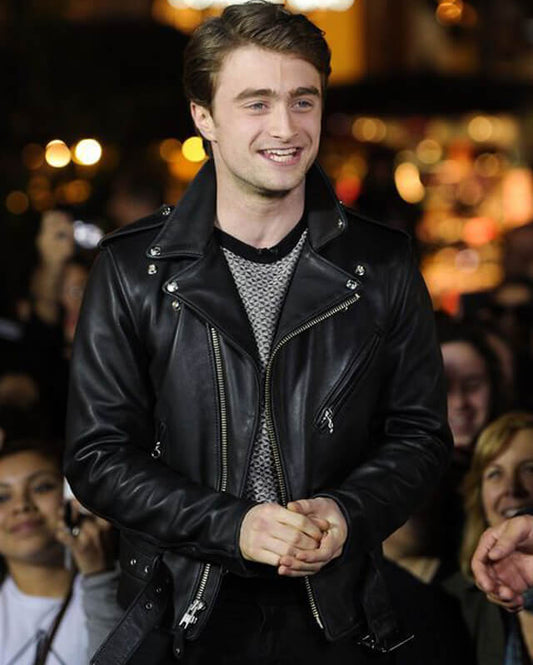 Daniel Radcliffe Men's Black Biker Cowhide Leather — front view | Majestic Leather UK