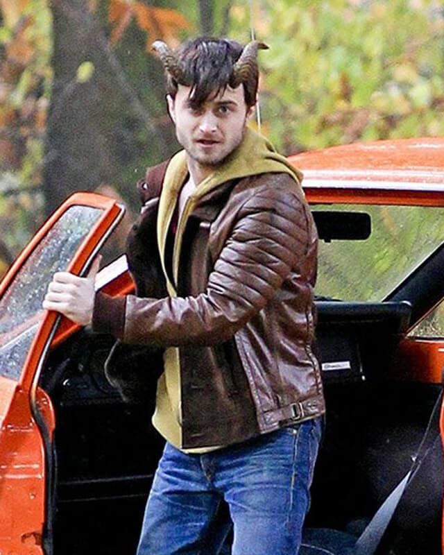Daniel Radcliffe Horns Brown Leather Jacket | Majestic Leather — collar detail | Majestic Leather UK
