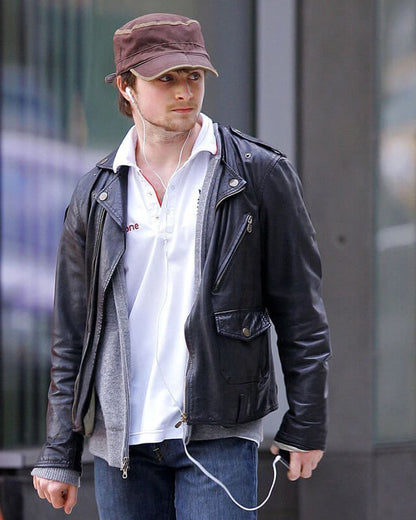 Daniel Radcliffe Black Biker Jacket | Majestic Leather — back view | Majestic Leather UK