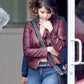 Women Biker - Selena Gomez Fundamentals of Caring Maroon Leather Jacket — front view | Majestic Leather UK