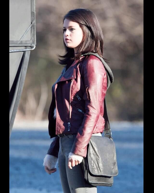 Women Biker - Selena Gomez Fundamentals of Caring Maroon Leather Jacket — product detail | Majestic Leather UK