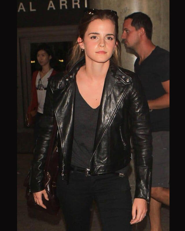 Women Biker - Emma Watson Biker Leather Jacket — collar detail | Majestic Leather UK