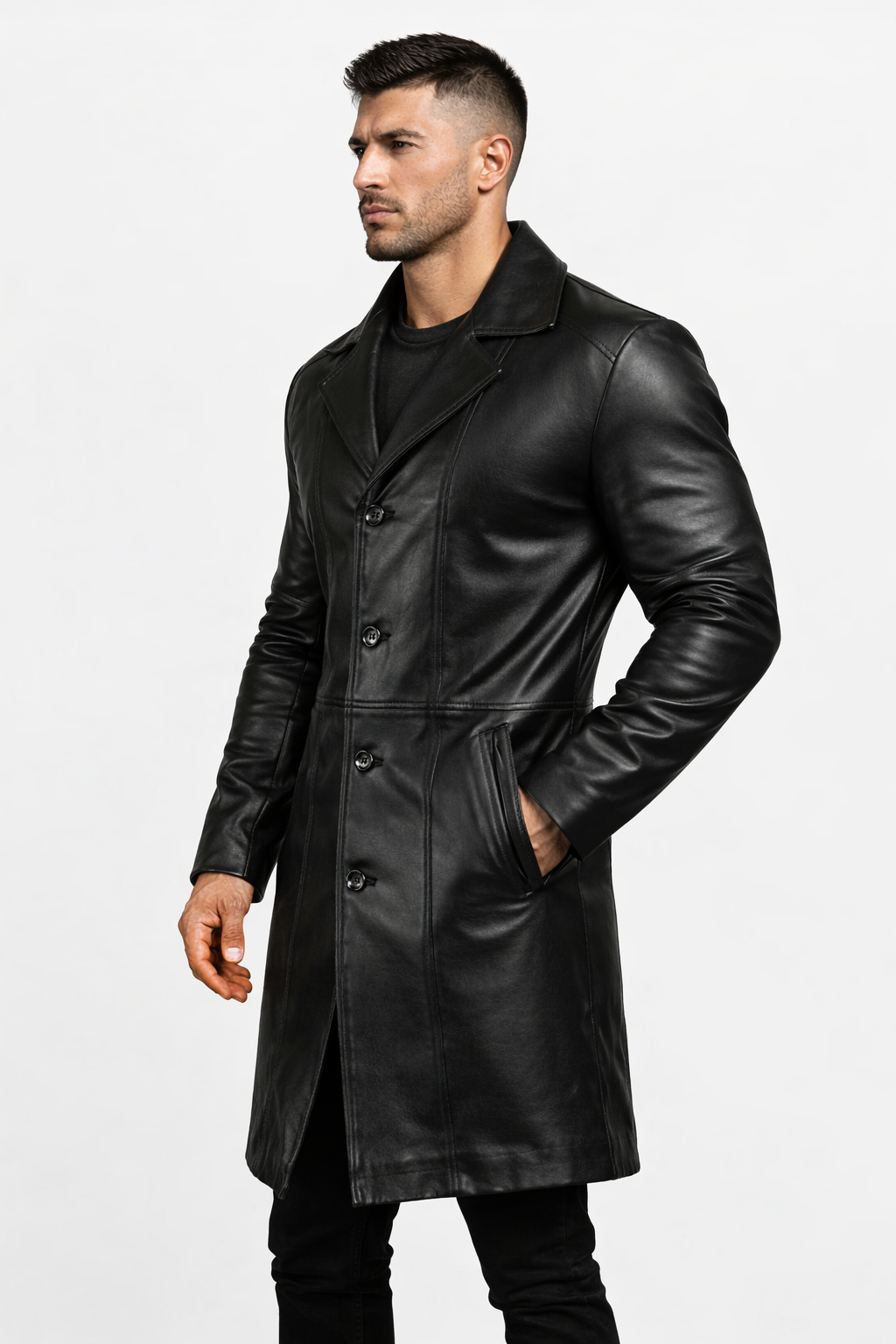 Majestic Leather - Mens Stylish Black Trench Coat-Genuine Lambskin Leather Long Winter Knee Length Majestic Leather