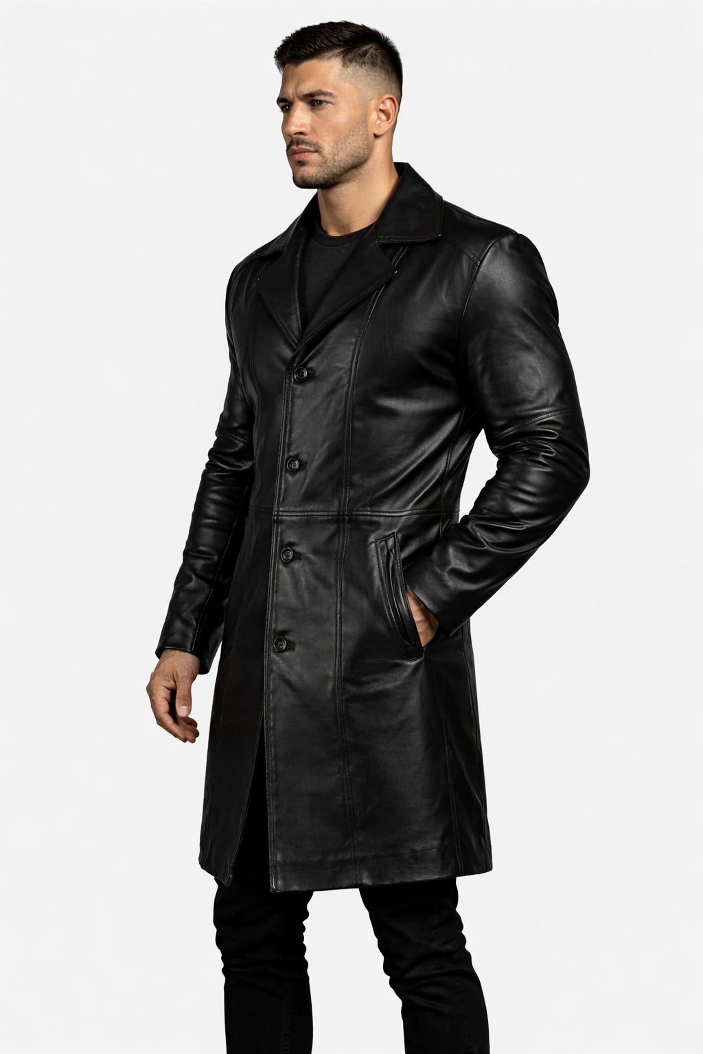 Majestic Leather - Mens Stylish Black Trench Coat-Genuine Lambskin Leather Long Winter Knee Length Majestic Leather