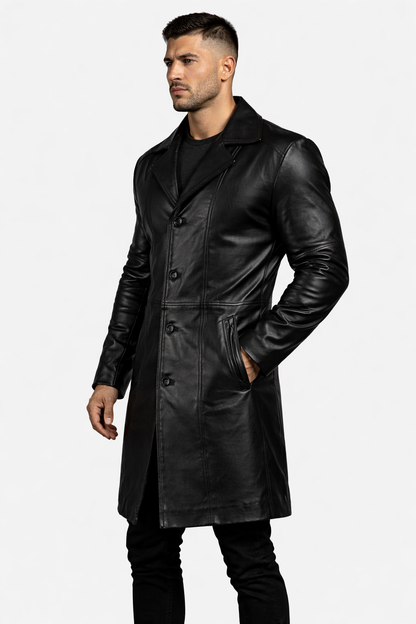 Majestic Leather - Mens Stylish Black Trench Coat-Genuine Lambskin Leather Long Winter Knee Length Majestic Leather