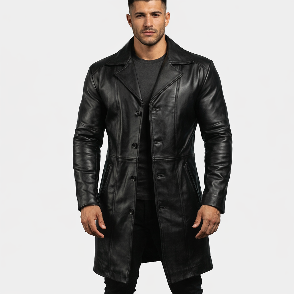 Majestic Leather - Mens Stylish Black Trench Coat-Genuine Lambskin Leather Long Winter Knee Length Majestic Leather