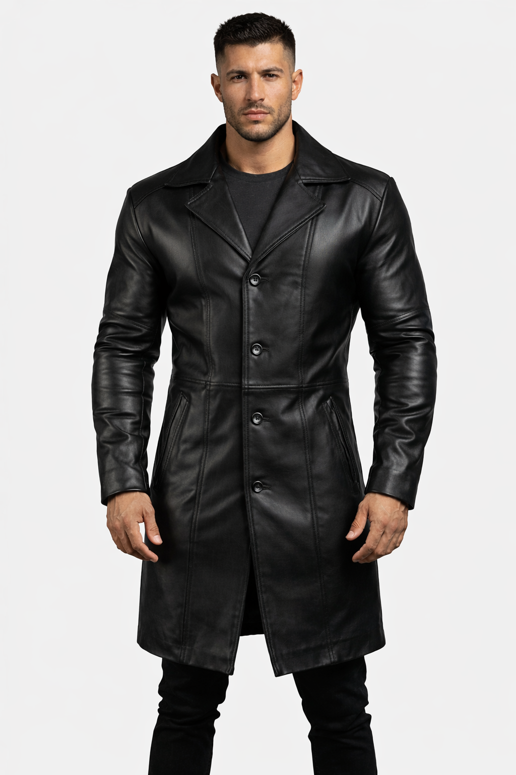 Majestic Leather - Mens Stylish Black Trench Coat-Genuine Lambskin Leather Long Winter Knee Length Majestic Leather