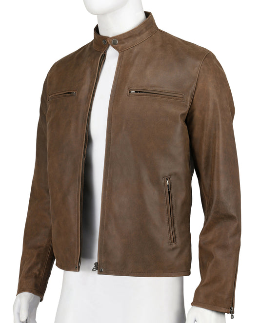 Mens Brown Biker Real Leather Jacket | Majestic Leather — front view | Majestic Leather UK