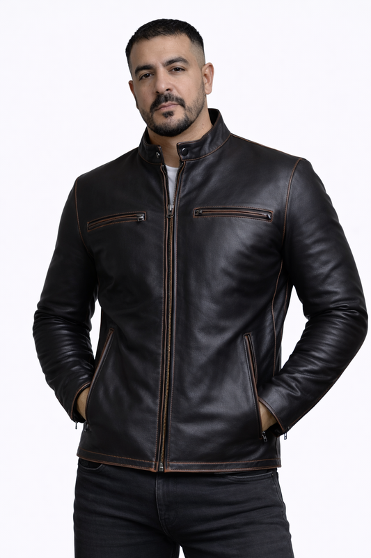 Men's New F&R Distressed  Black Vintage Look Biker Leather Jacket