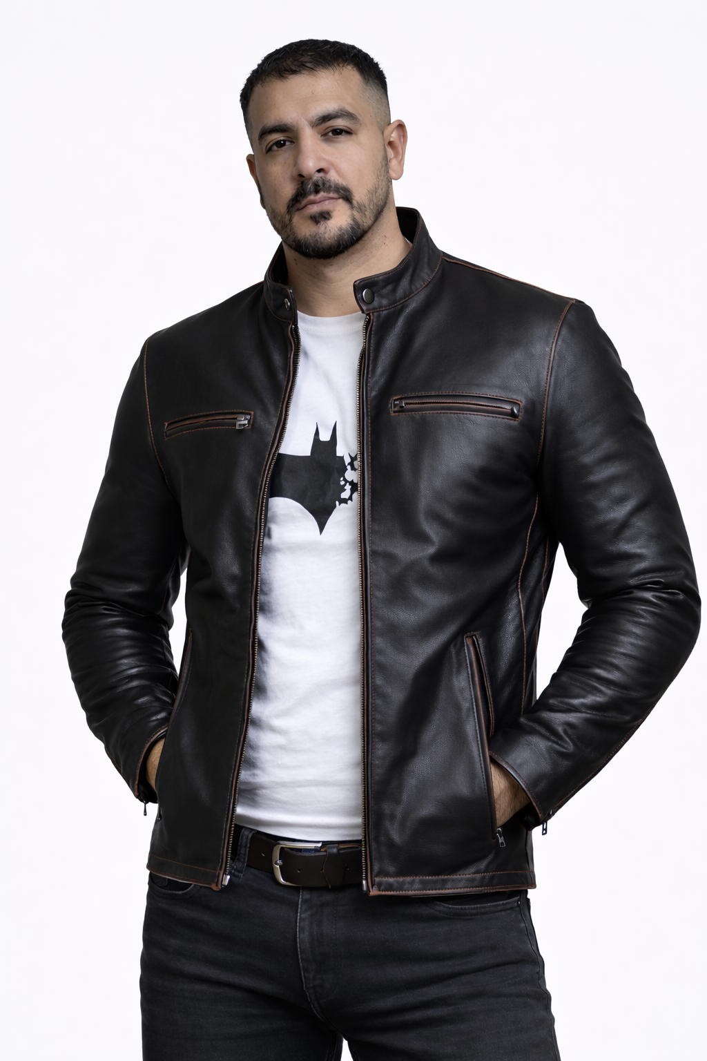 Men's New F&R Distressed  Black Vintage Look Biker Leather Jacket