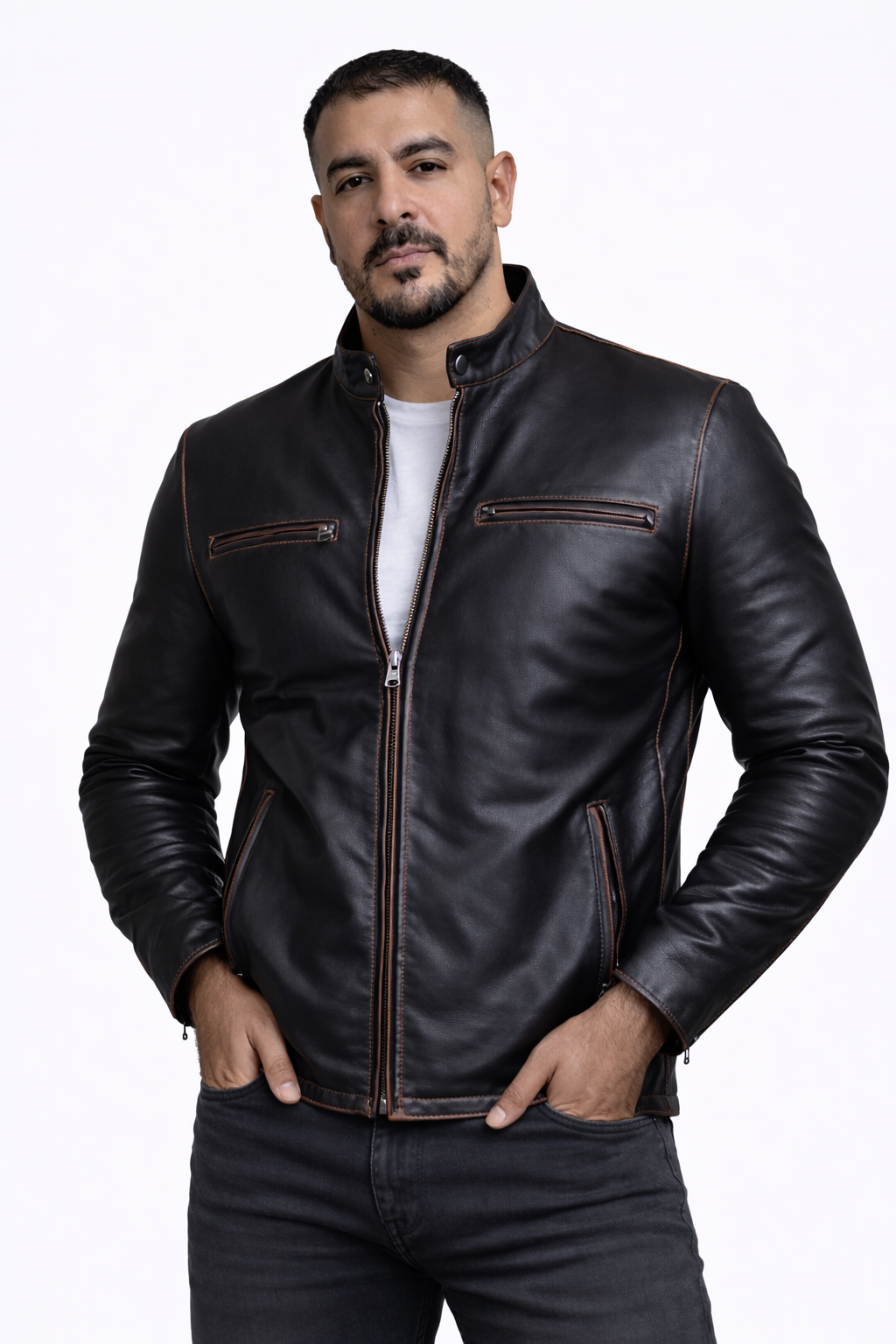 Men's New F&R Distressed  Black Vintage Look Biker Leather Jacket