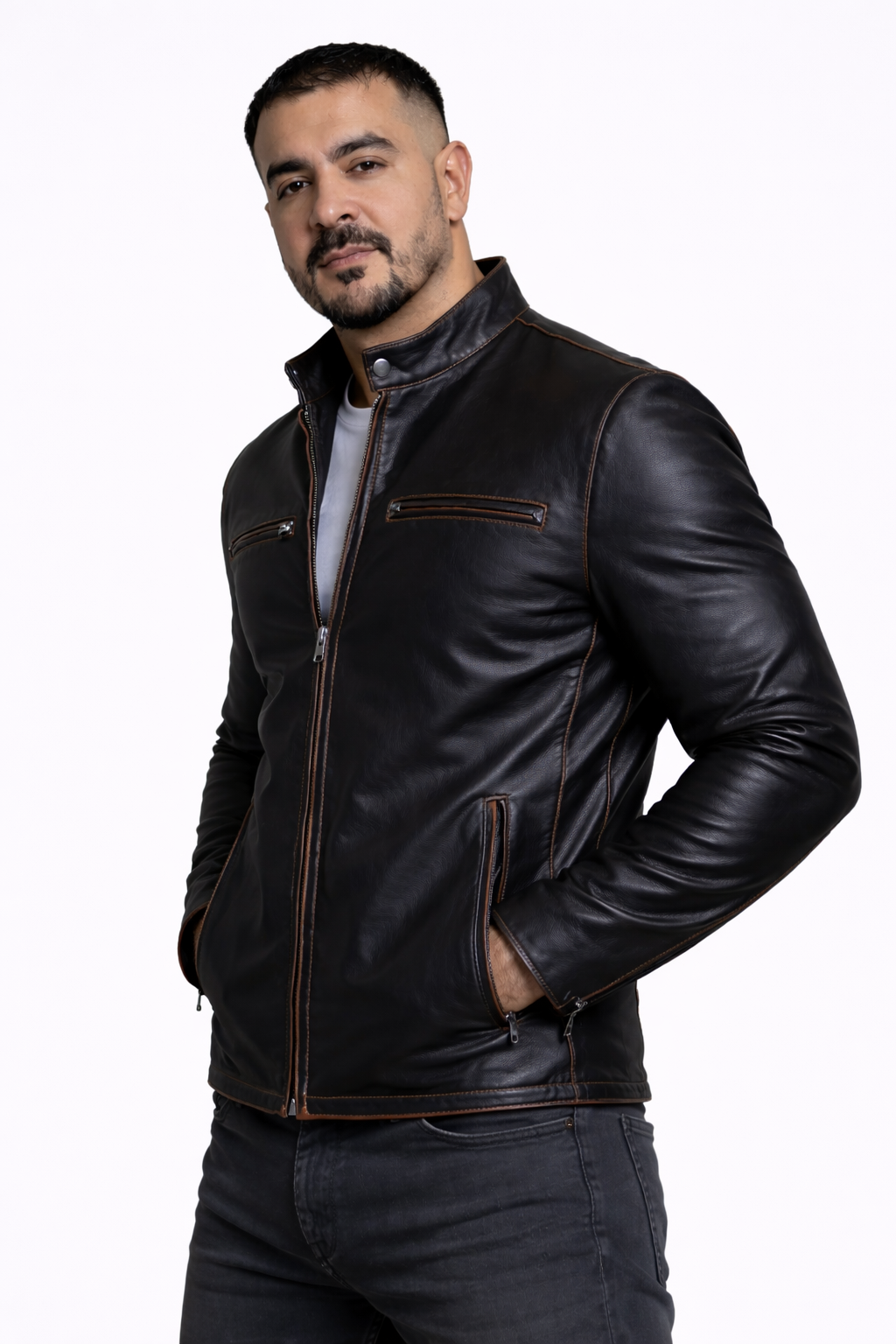 Men's New F&R Distressed  Black Vintage Look Biker Leather Jacket