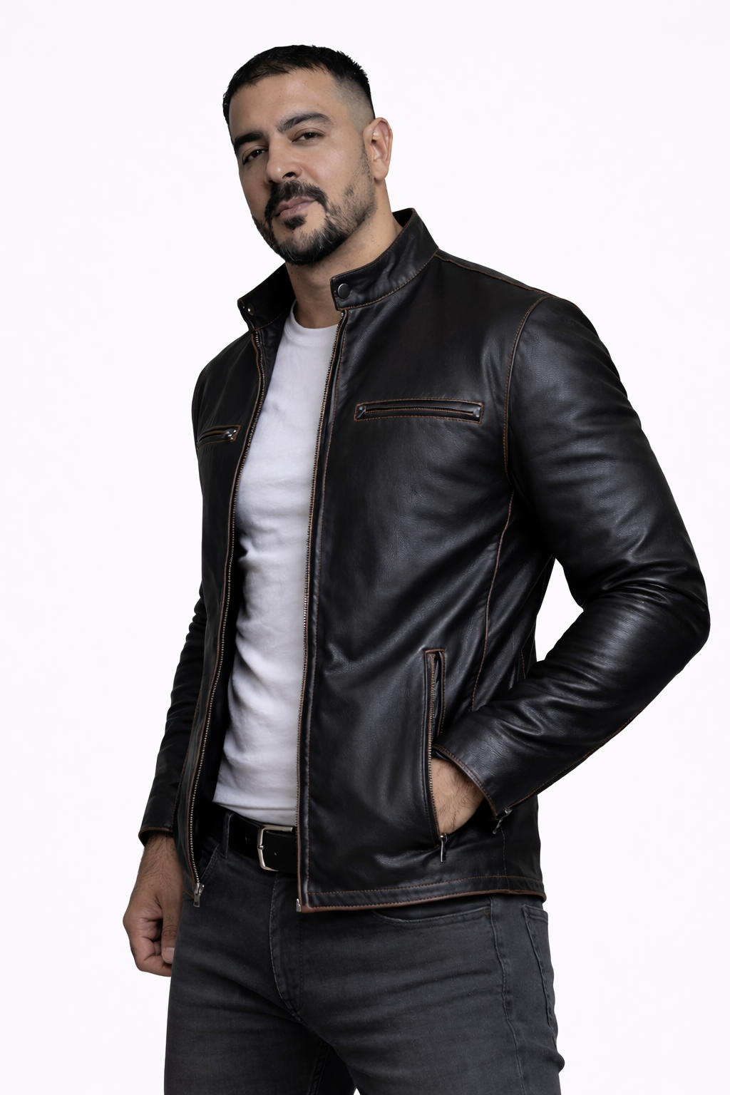 Men's New F&R Distressed  Black Vintage Look Biker Leather Jacket