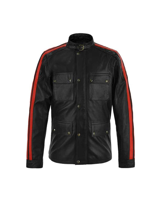 Fast &amp; Furious 8 Vin Diesel Red Stripes Black Leather Jacket — front view | Majestic Leather UK