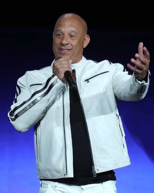 Fast X Premiere 2023 Vin Diesel CinemaCon White Leather Jacket | Majestic Leather — front view | Majestic Leather UK