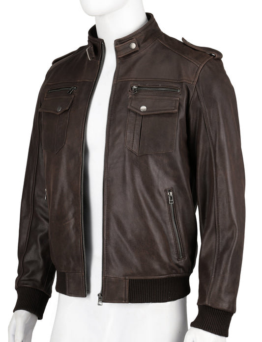 Men's Brown Bomber Real Leather Jacket | Majestic Leather — front view | Majestic Leather UK