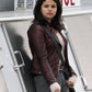Women Biker - Selena Gomez Fundamentals of Caring Maroon Leather Jacket — sleeve detail | Majestic Leather UK