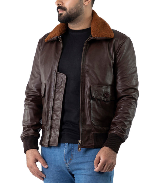 Men's Bomber Brown Cowhide Leather Jacket | Majestic Leather — front view | Majestic Leather UK