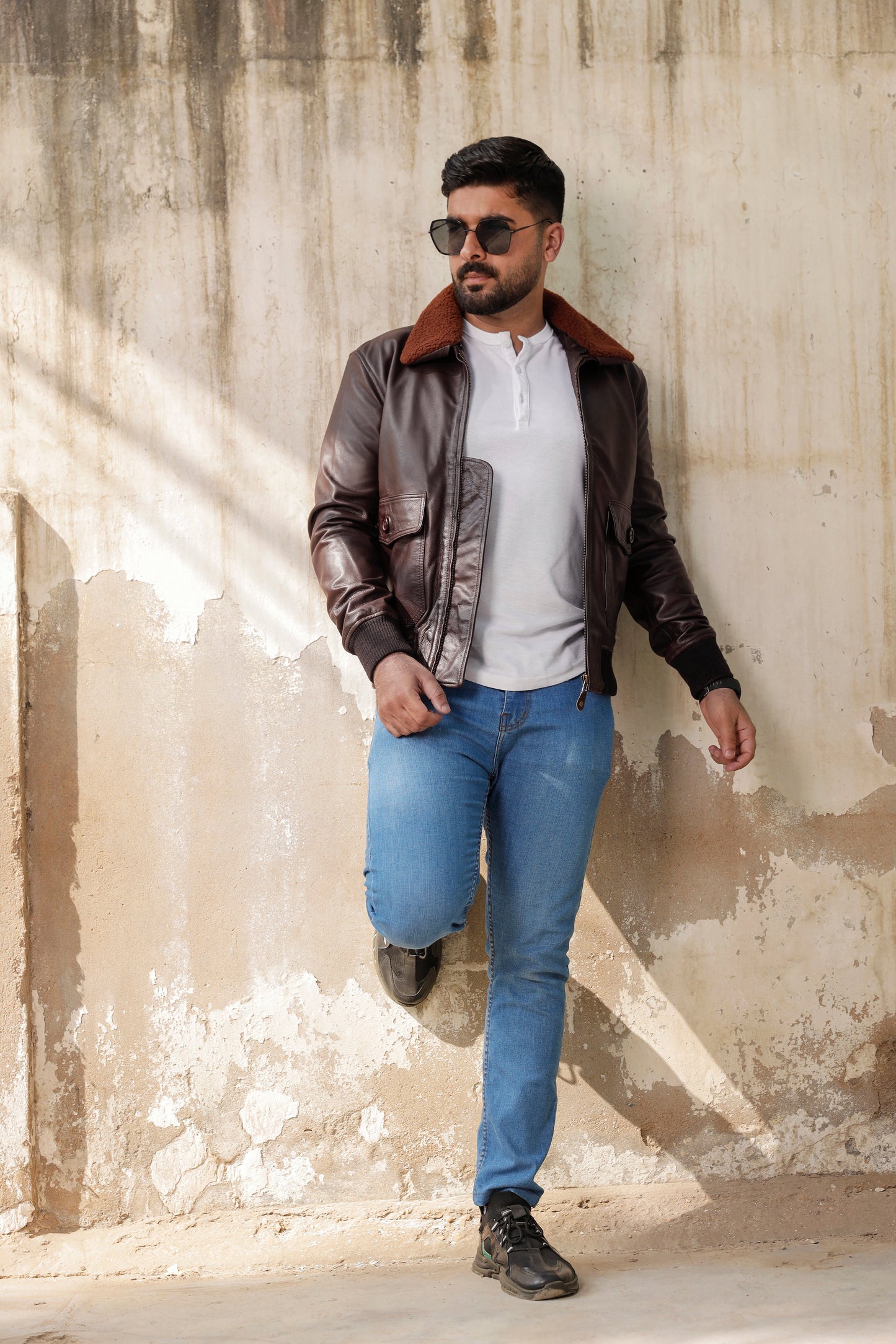 Men's Bomber Brown Cowhide Leather Jacket | Majestic Leather — sleeve detail | Majestic Leather UK
