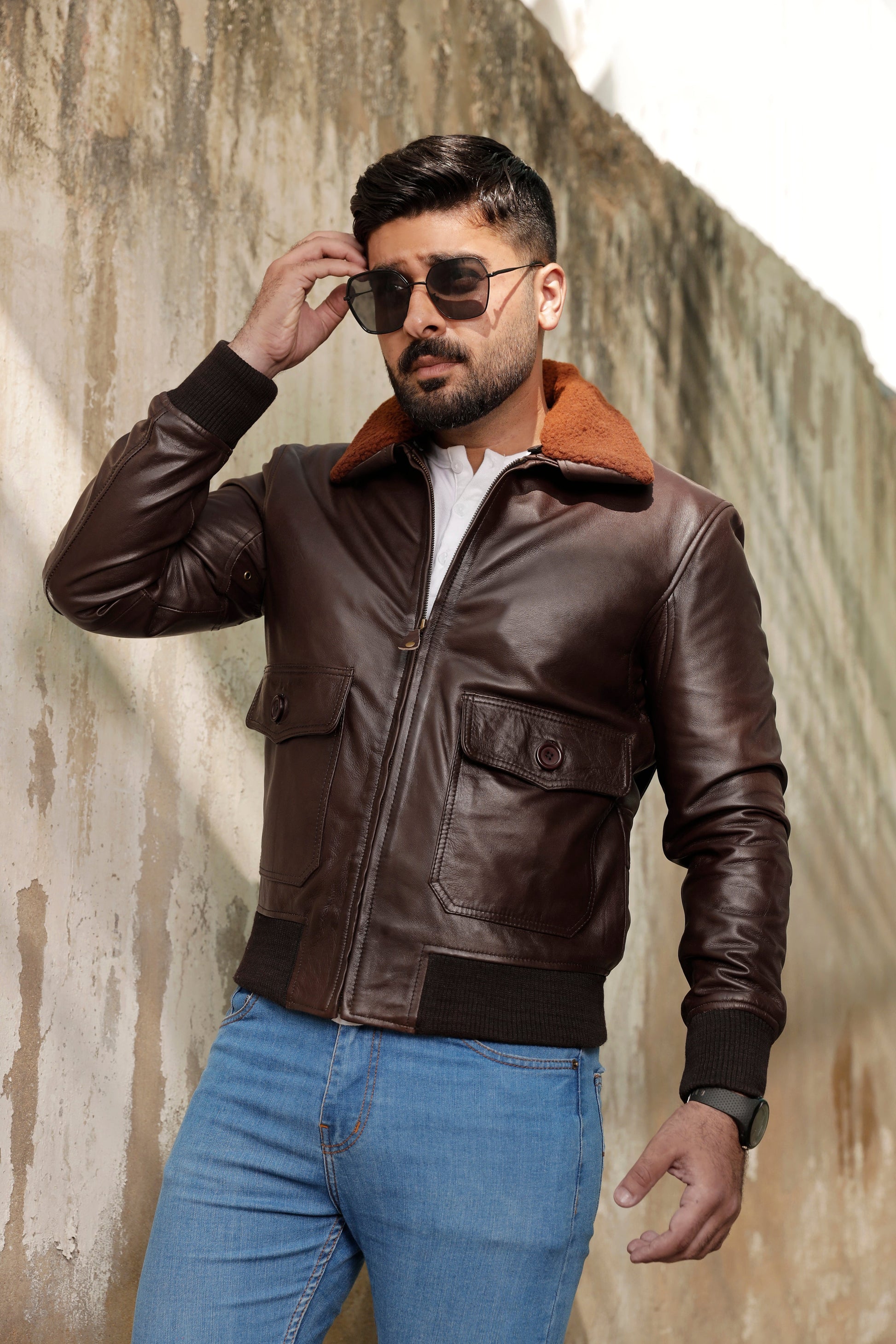 Men's Bomber Brown Cowhide Leather Jacket | Majestic Leather — side profile | Majestic Leather UK