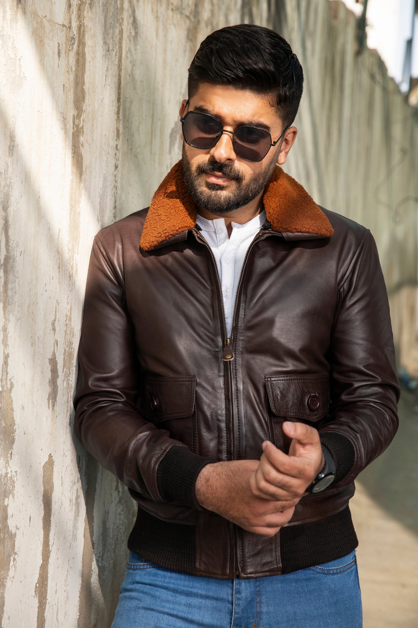 Men's Bomber Brown Cowhide Leather Jacket | Majestic Leather — product detail | Majestic Leather UK