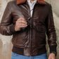 Men's Bomber Brown Cowhide Leather Jacket | Majestic Leather — collar detail | Majestic Leather UK