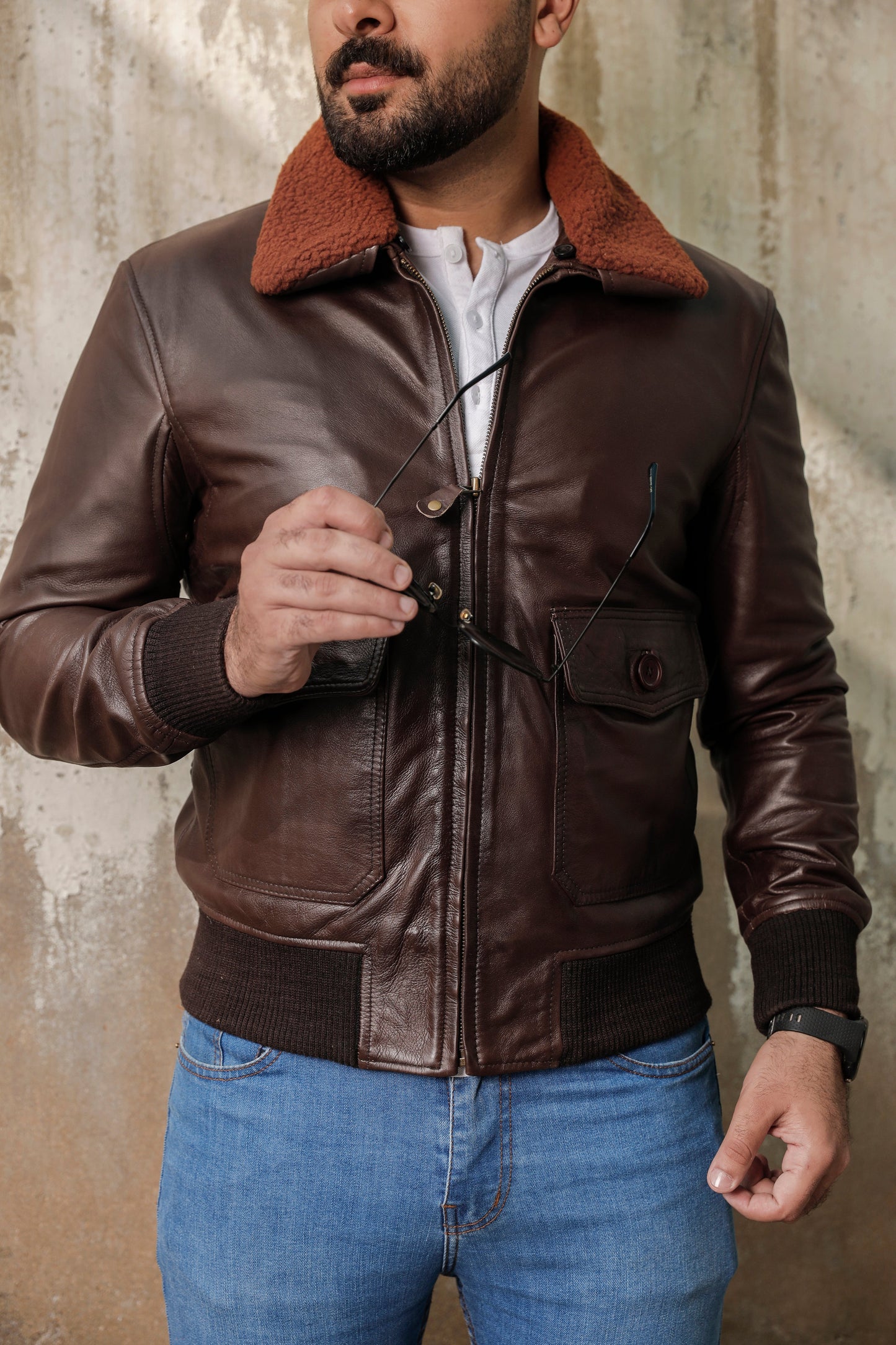 Men's Bomber Brown Cowhide Leather Jacket | Majestic Leather — collar detail | Majestic Leather UK