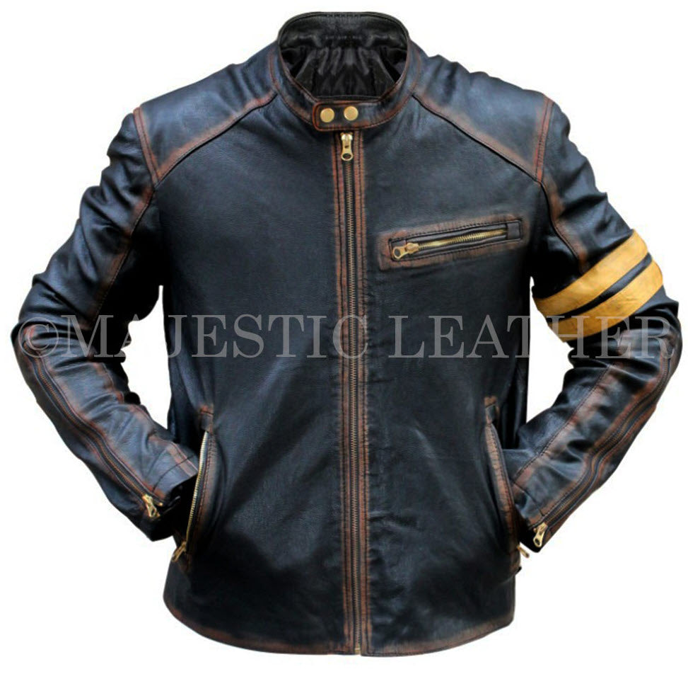 Men's PD-3 Black Biker Vintage Motorcycle Distressed Cafe Racer Leather Jacket | Majestic Leather Majestic Leather
