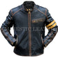 Men's Left Arm Yellow Banded Distress Black Biker Genuine Leather Jacket | Majestic Leather Majestic Leather