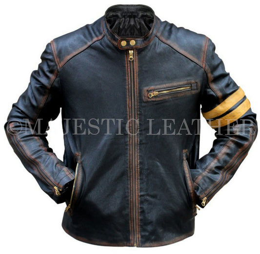 Men's Left Arm Yellow Banded Distress Black Biker Genuine Leather Jacket | Majestic Leather Majestic Leather