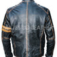 Men's Left Arm Yellow Banded Distress Black Biker Genuine Leather Jacket | Majestic Leather Majestic Leather