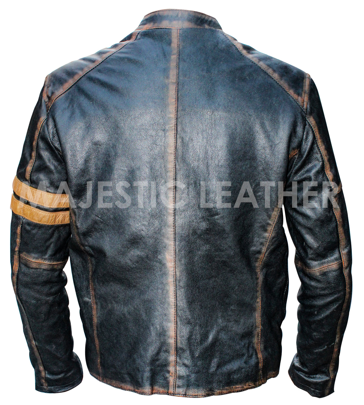 Men's Left Arm Yellow Banded Distress Black Biker Genuine Leather Jacket | Majestic Leather Majestic Leather