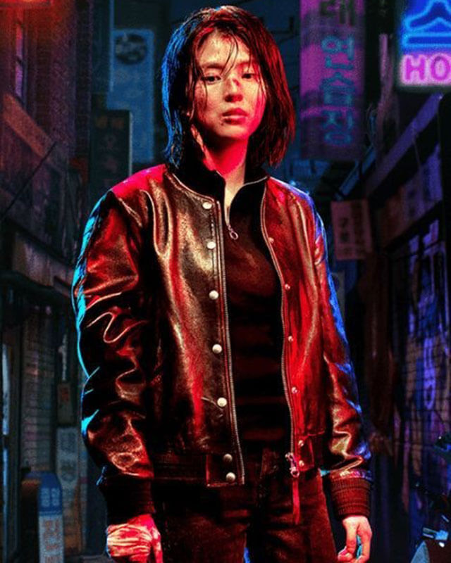 Women Biker - My Name Han So-Hee Leather Jacket — collar detail | Majestic Leather UK