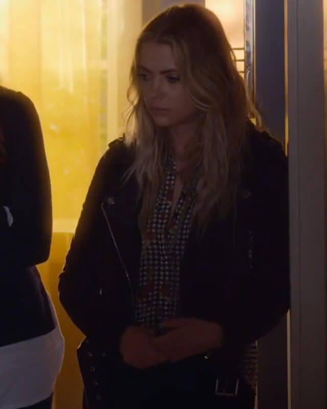 Women Biker - Pretty Little Liars Hanna Marin Suede Biker Jacket — collar detail | Majestic Leather UK