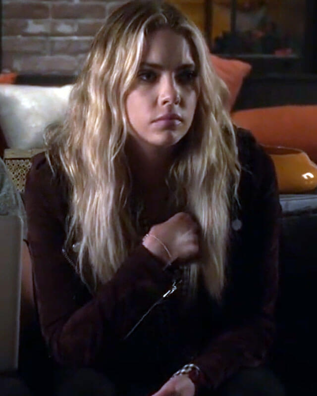 Women Biker - Pretty Little Liars Hanna Marin Suede Biker Jacket — sleeve detail | Majestic Leather UK