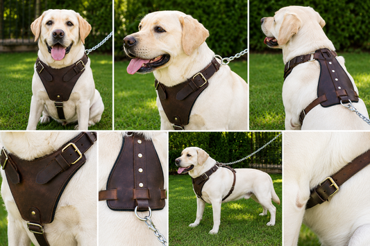 Crazy Horse Brown Leather Dog Harness – Double‑Stitched Belt Style with Rivet Buckles & D‑Shaped Tag Ring — front view | Maje