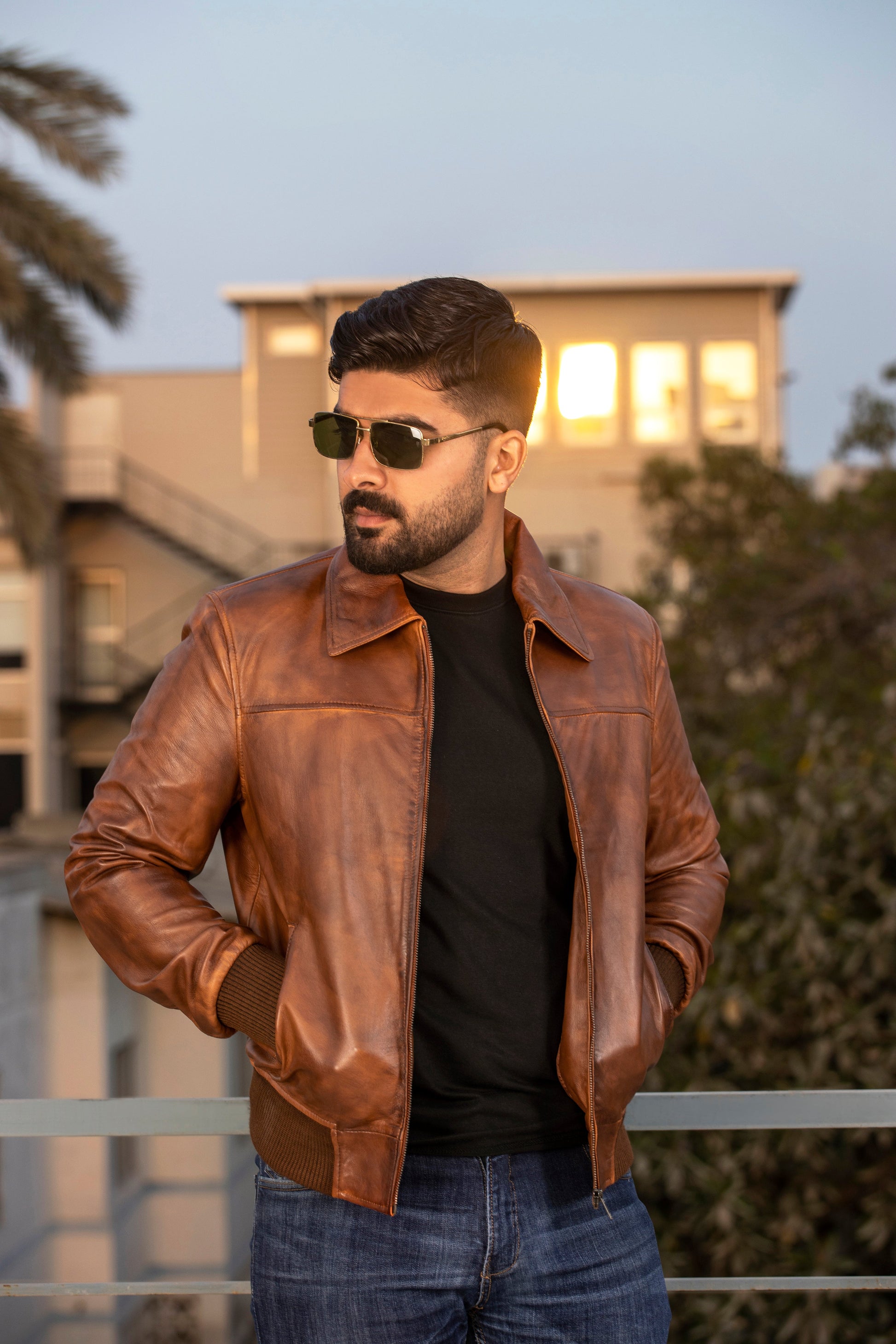 Men's Vintage Distressed Brown Biker Sheepskin Leather Jacket | Majestic Leather — back view | Majestic Leather UK