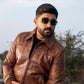 Men's Vintage Distressed Brown Biker Sheepskin Leather Jacket | Majestic Leather — side profile | Majestic Leather UK